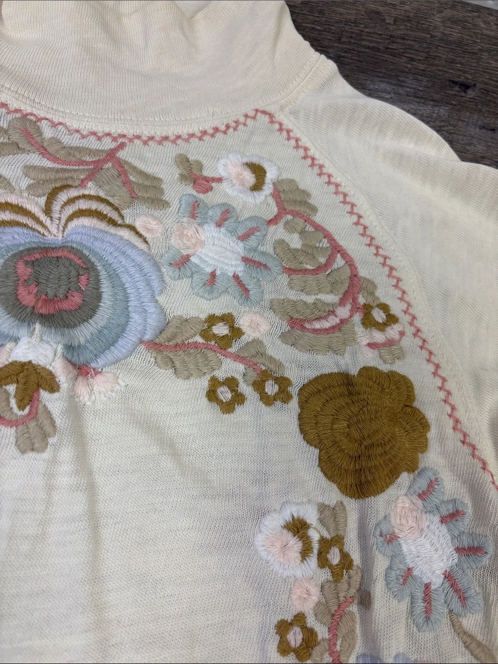 Free People Disco Rose Embroidered Turtleneck Top Ivory XS/S